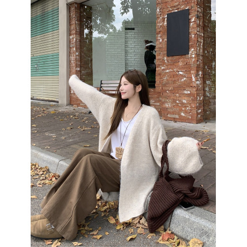 PPHOME慵嬾風軟糯毛衣短外套女秋季加厚杏色休閒寬鬆針織開衫上衣