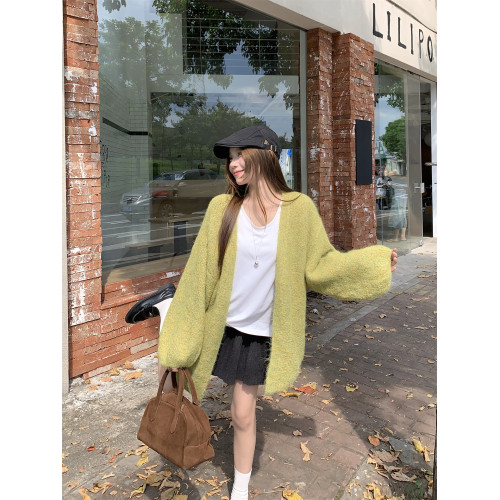 PPHOME慵嬾風軟糯毛衣短外套女秋季加厚杏色休閒寬鬆針織開衫上衣