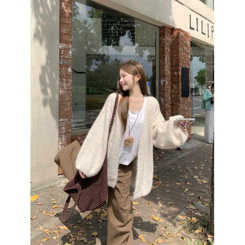 PPHOME慵嬾風軟糯毛衣短外套女秋季加厚杏色休閒寬鬆針織開衫上衣