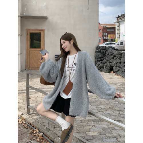 PPHOME慵嬾風軟糯毛衣短外套女秋季加厚杏色休閒寬鬆針織開衫上衣