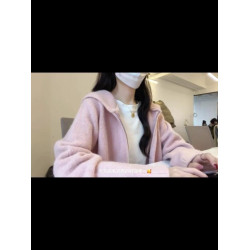粉色連帽針織衫上衣女秋冬2025秋季拉鍊慵嬾軟糯外搭毛衣開衫外套