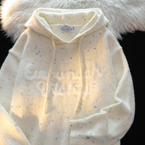 奶呼呼軟糯彩色波點連帽毛衣女秋季小個子減齡百搭杏色針織衫外套