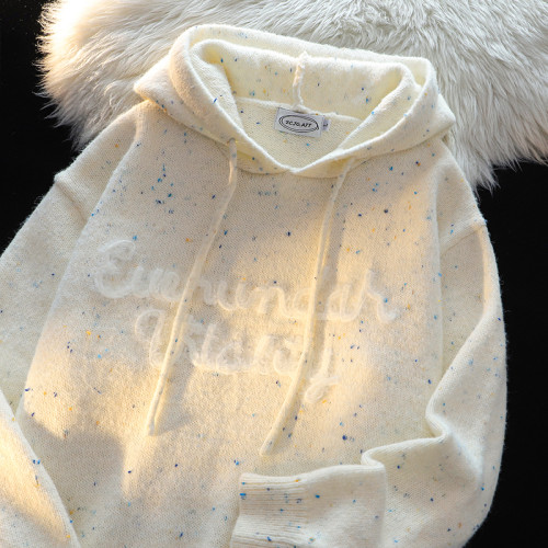 奶呼呼軟糯彩色波點連帽毛衣女秋季小個子減齡百搭杏色針織衫外套