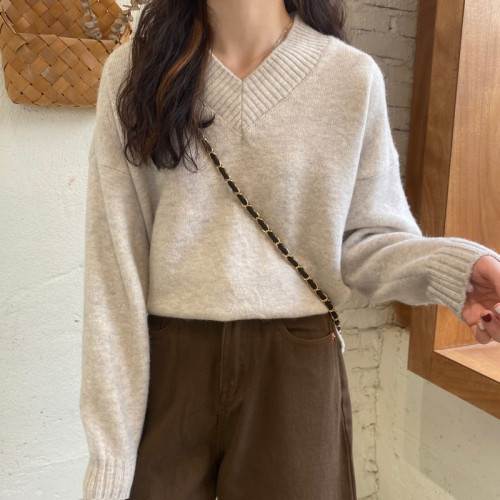 溫柔風軟糯v領毛衣女秋冬新款大碼胖妹妹復古寬鬆顯瘦針織衫上衣