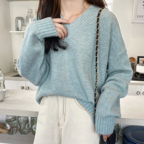 溫柔風軟糯v領毛衣女秋冬新款大碼胖妹妹復古寬鬆顯瘦針織衫上衣