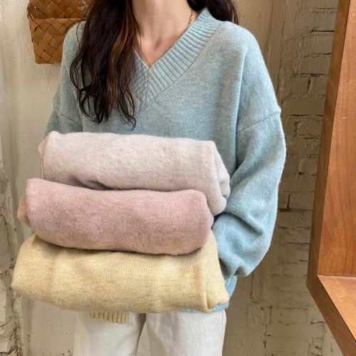 溫柔風軟糯v領毛衣女秋冬新款大碼胖妹妹復古寬鬆顯瘦針織衫上衣