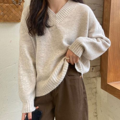 溫柔風軟糯v領毛衣女秋冬新款大碼胖妹妹復古寬鬆顯瘦針織衫上衣