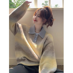 胖mm大碼300斤嬭fufuPolo領毛衣溫柔甜美鵞黃色慵嬾風針織衫女裝