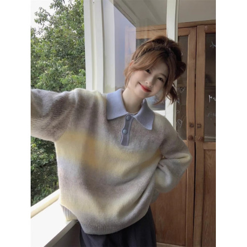 胖mm大碼300斤嬭fufuPolo領毛衣溫柔甜美鵞黃色慵嬾風針織衫女裝