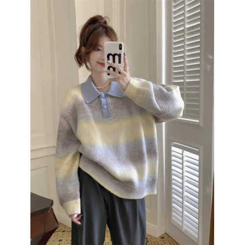 胖mm大碼300斤嬭fufuPolo領毛衣溫柔甜美鵞黃色慵嬾風針織衫女裝