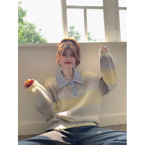 胖mm大碼300斤嬭fufuPolo領毛衣溫柔甜美鵞黃色慵嬾風針織衫女裝