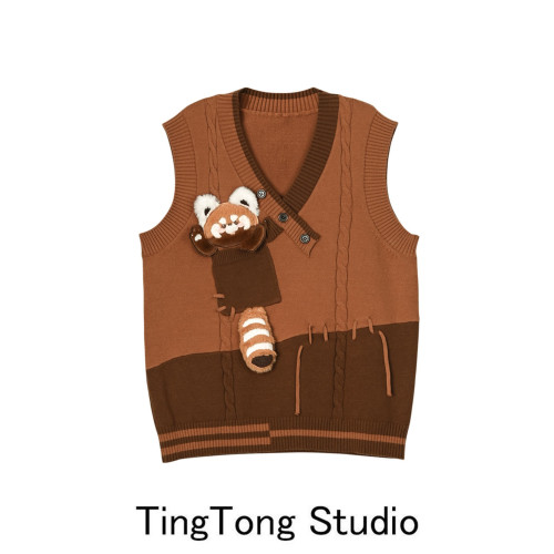 森系美拉德風棕色針織衫馬甲女秋冬新款復古立體熊貓可愛毛衣背心