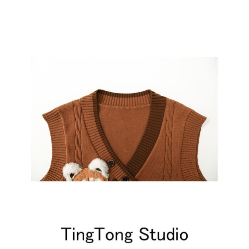 森系美拉德風棕色針織衫馬甲女秋冬新款復古立體熊貓可愛毛衣背心