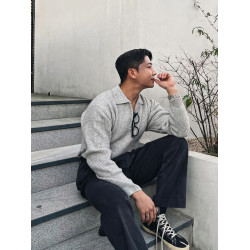 港風復古半拉鍊翻領毛衣男士卡其色小衆長袖針織衫高級感毛衫上衣