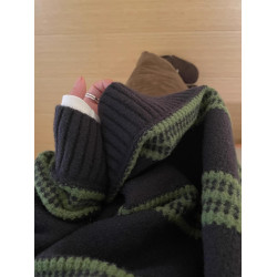 2025春季慵嬾chic撞色條紋圓領毛衣女秋冬復古加厚上衣打底針織衫