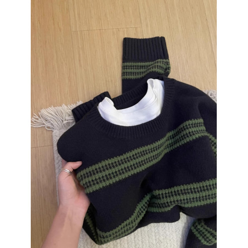 2025春季慵嬾chic撞色條紋圓領毛衣女秋冬復古加厚上衣打底針織衫