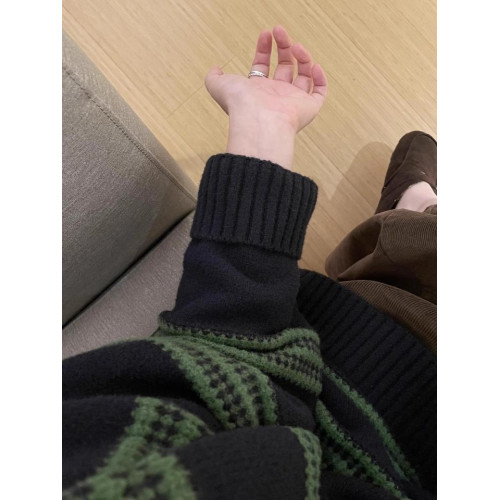 2025春季慵嬾chic撞色條紋圓領毛衣女秋冬復古加厚上衣打底針織衫