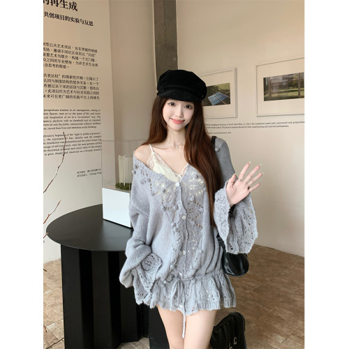 鉤花鏤空針織衫杏色毛衣女裝早秋設計感小衆溫柔風蕾絲吊帶背心 鉤花鏤空針織衫杏色毛衣女裝早秋設計感小衆溫柔風蕾絲吊帶背心