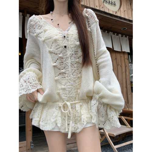 鉤花鏤空針織衫杏色毛衣女裝早秋設計感小衆溫柔風蕾絲吊帶背心 鉤花鏤空針織衫杏色毛衣女裝早秋設計感小衆溫柔風蕾絲吊帶背心