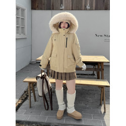 大碼女裝【巴恩風派克服】冬季大毛領保暖刺綉90白鴨絨羽絨服外套