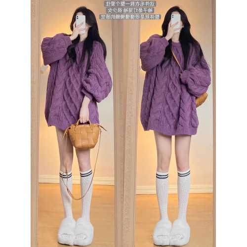 秋冬季女裝新款韓版圓領麻花針織衫紫色外穿甜美毛衣女慵嬾風上衣