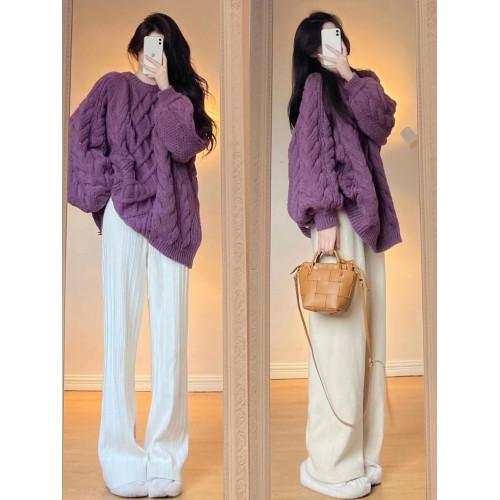 秋冬季女裝新款韓版圓領麻花針織衫紫色外穿甜美毛衣女慵嬾風上衣