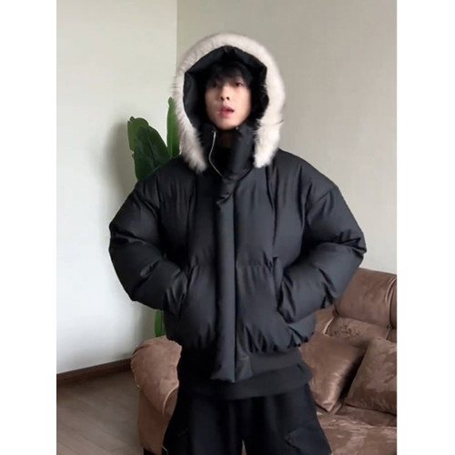 黑色短款毛領羽絨服男冬季加厚保暖工裝棉衣外套連帽情侶派克棉服 黑色短款毛領羽絨服男冬季加厚保暖工裝棉衣外套連帽情侶派克棉服