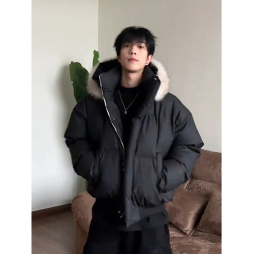 黑色短款毛領羽絨服男冬季加厚保暖工裝棉衣外套連帽情侶派克棉服 黑色短款毛領羽絨服男冬季加厚保暖工裝棉衣外套連帽情侶派克棉服