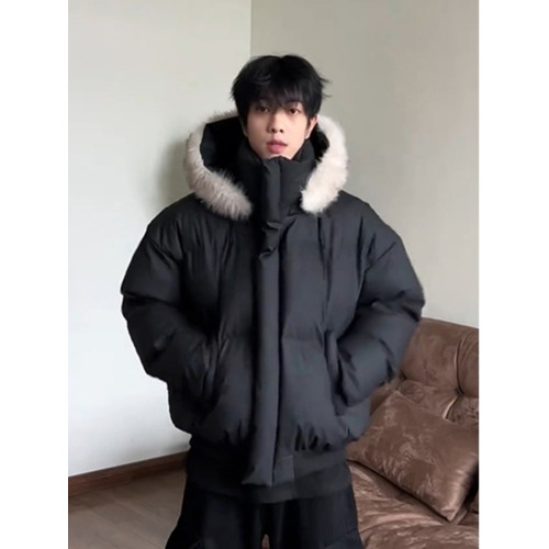 黑色短款毛領羽絨服男冬季加厚保暖工裝棉衣外套連帽情侶派克棉服 黑色短款毛領羽絨服男冬季加厚保暖工裝棉衣外套連帽情侶派克棉服