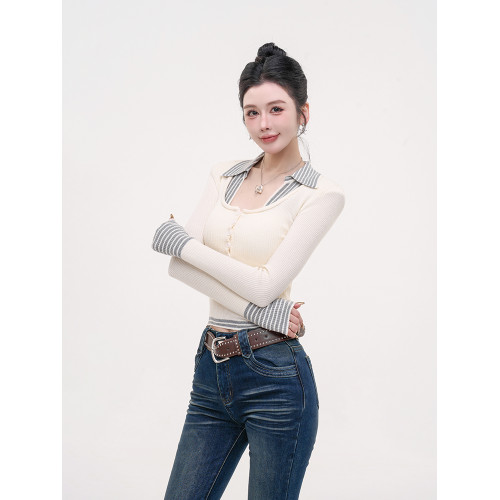 毛妮LADIESFIRST假兩件條紋長袖針織衫女秋冬季新款修身顯瘦毛衣