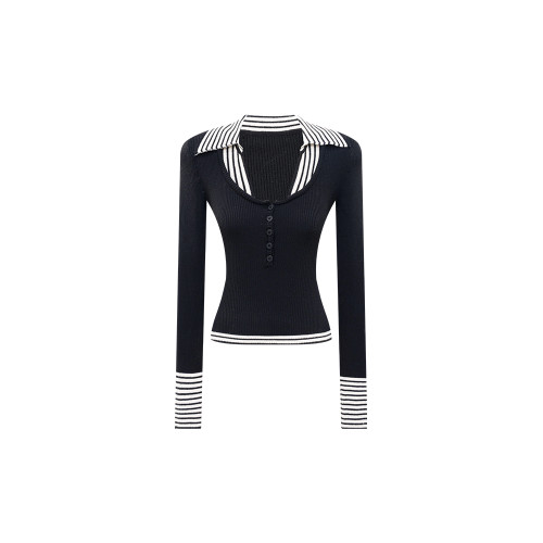 毛妮LADIESFIRST假兩件條紋長袖針織衫女秋冬季新款修身顯瘦毛衣