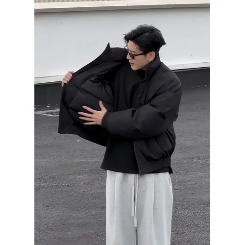 黑色飛行夾克羽絨服男款廓形短款工裝外套cleanfit美式痞帥棒球服 黑色飛行夾克羽絨服男款廓形短款工裝外套cleanfit美式痞帥棒球服