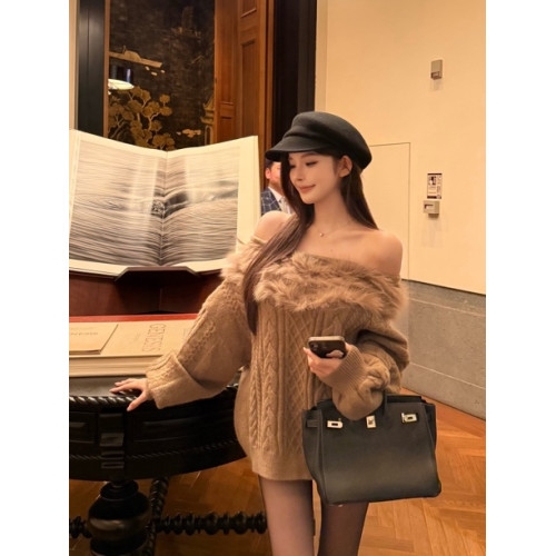 韓系一字肩毛毛領麻花套頭毛衣女秋冬巨好看慵嬾氣質純欲寬鬆上衣