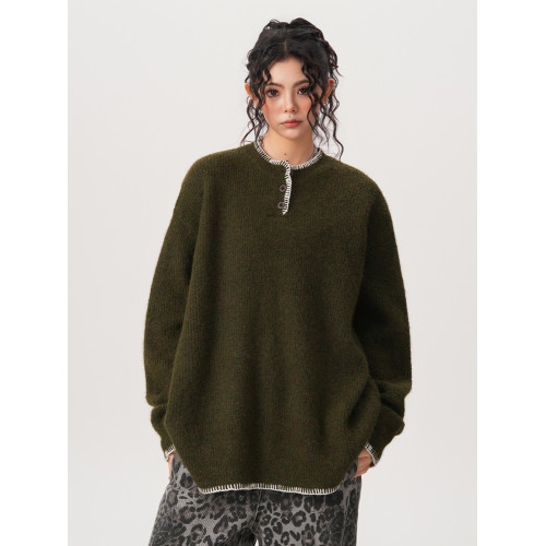 BWKA小衆設計感亨利領針織衫女男秋冬復古氛圍感寬鬆套頭毛衣情侶