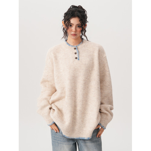 BWKA小衆設計感亨利領針織衫女男秋冬復古氛圍感寬鬆套頭毛衣情侶