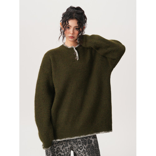 BWKA小衆設計感亨利領針織衫女男秋冬復古氛圍感寬鬆套頭毛衣情侶