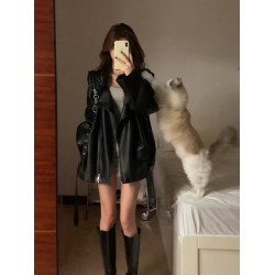 黑色西裝領pu皮衣外套女秋冬小衆設計感韓系穿搭痞帥機車夾克上衣