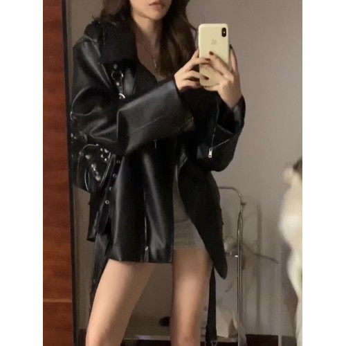 黑色西裝領pu皮衣外套女秋冬小衆設計感韓系穿搭痞帥機車夾克上衣 黑色西裝領pu皮衣外套女秋冬小衆設計感韓系穿搭痞帥機車夾克上衣