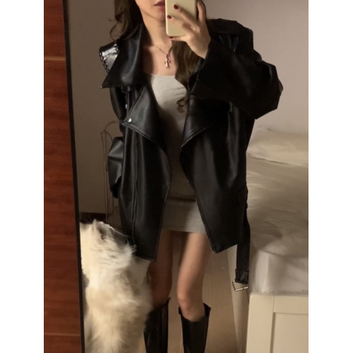 黑色西裝領pu皮衣外套女秋冬小衆設計感韓系穿搭痞帥機車夾克上衣 黑色西裝領pu皮衣外套女秋冬小衆設計感韓系穿搭痞帥機車夾克上衣