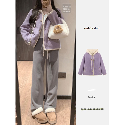 小香風女外套2025新款連帽羊羔毛休閒加厚夾棉高級感別致短款上衣 小香風女外套2025新款連帽羊羔毛休閒加厚夾棉高級感別致短款上衣