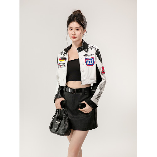 機車服外套女美式短款賽車服秋裝新款皮衣夾克街頭風賽車棒球服潮 機車服外套女美式短款賽車服秋裝新款皮衣夾克街頭風賽車棒球服潮