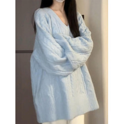 2026新款慵嬾寬鬆v領麻花毛衣女秋冬季藍色針織內搭打底加厚上衣