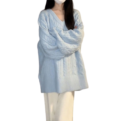 2026新款慵嬾寬鬆v領麻花毛衣女秋冬季藍色針織內搭打底加厚上衣