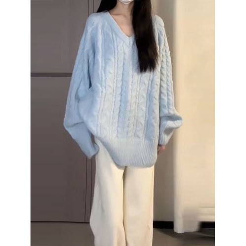 2026新款慵嬾寬鬆v領麻花毛衣女秋冬季藍色針織內搭打底加厚上衣