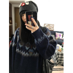 美式復古北歐費爾島潮牌圓領毛衣女秋冬季寬鬆設計感針織衫外套潮