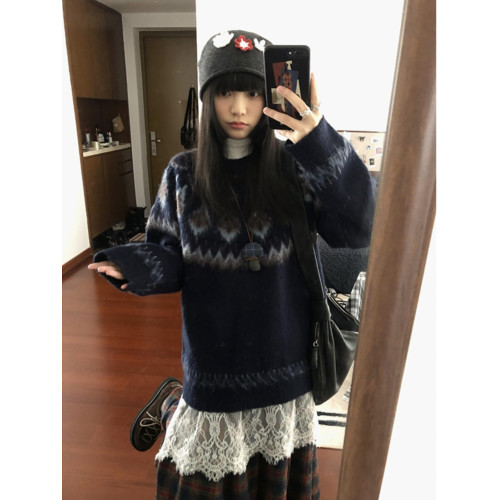 美式復古北歐費爾島潮牌圓領毛衣女秋冬季寬鬆設計感針織衫外套潮