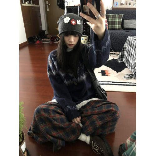 美式復古北歐費爾島潮牌圓領毛衣女秋冬季寬鬆設計感針織衫外套潮