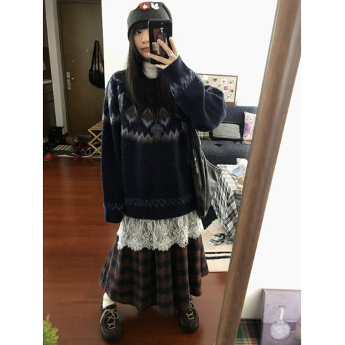 美式復古北歐費爾島潮牌圓領毛衣女秋冬季寬鬆設計感針織衫外套潮