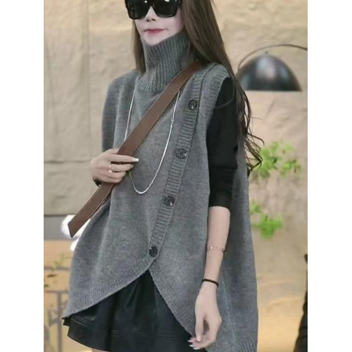 秋冬新款不規則大碼胖mm200斤寬松慵懶針織毛衣高領無袖馬甲外套