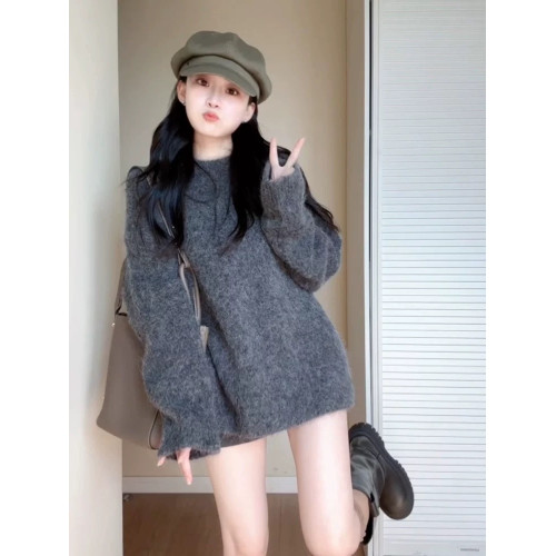 深秋初冬穿搭灰色寬松慵懶風中長款海馬毛毛衣女美拉德針織衫上衣